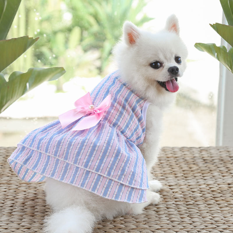 Dog skirt Bow Dress Wedding dress Spring summer fall new plaid pet cat clothing supplies stripes