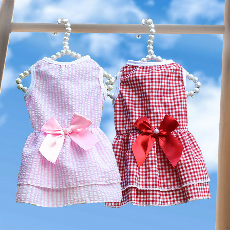 Dog skirt Bow Dress Wedding dress Spring summer fall new plaid pet cat clothing supplies stripes