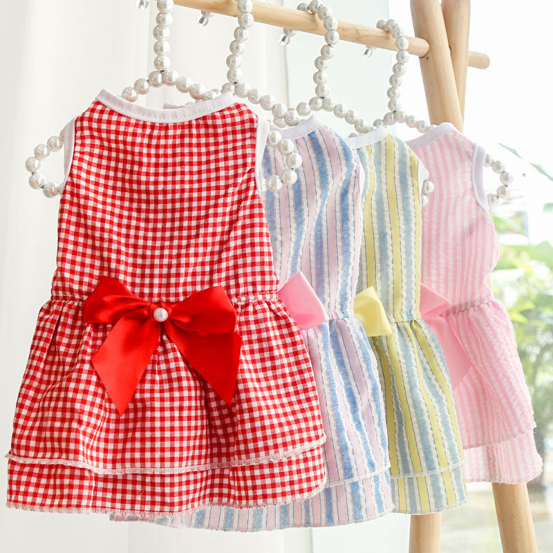 Dog skirt Bow Dress Wedding dress Spring summer fall new plaid pet cat clothing supplies stripes