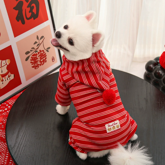 Dog clothing - festive red striped cashmere pet four-legged coat