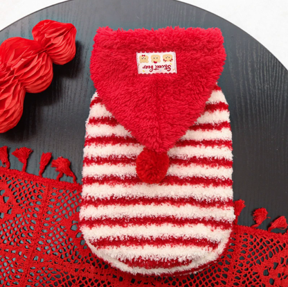 Red striped hooded sweatshirt with fleece lining for pets, suitable for dogs and cats in autumn and winter.