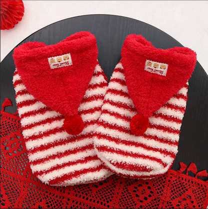 Red striped hooded sweatshirt with fleece lining for pets, suitable for dogs and cats in autumn and winter.