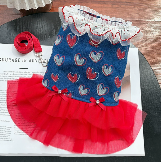 Spring and Summer Denim Fluffy Skirt with Back Hook for Pulling in Pets - Dog or Cat Princess Dress