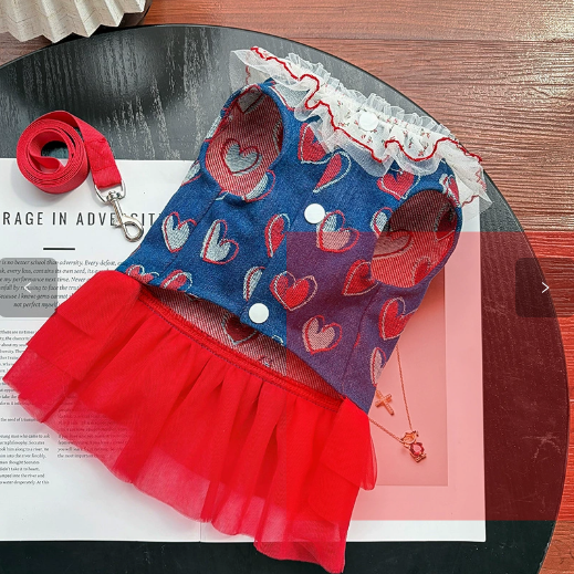 Spring and Summer Denim Fluffy Skirt with Back Hook for Pulling in Pets - Dog or Cat Princess Dress