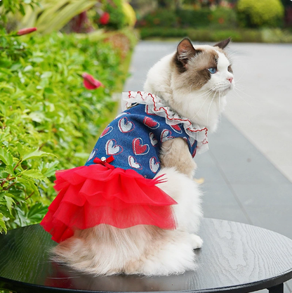 Spring and Summer Denim Fluffy Skirt with Back Hook for Pulling in Pets - Dog or Cat Princess Dress