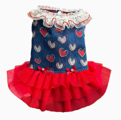 Spring and Summer Denim Fluffy Skirt with Back Hook for Pulling in Pets - Dog or Cat Princess Dress