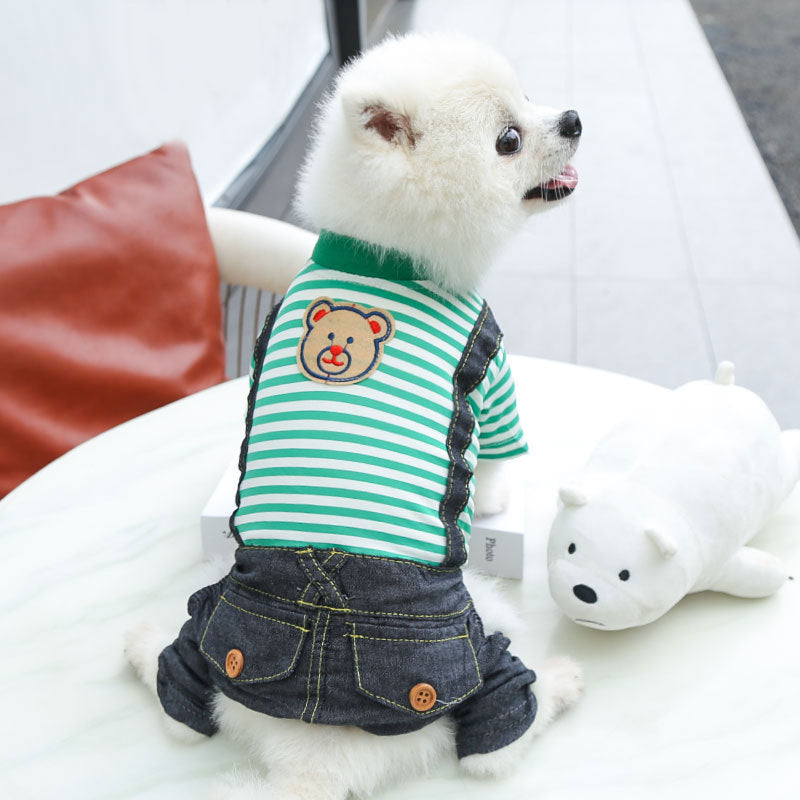Pet lightweight breathable cartoon four-legged stripes fake two denim overalls clothing Spring and Autumn