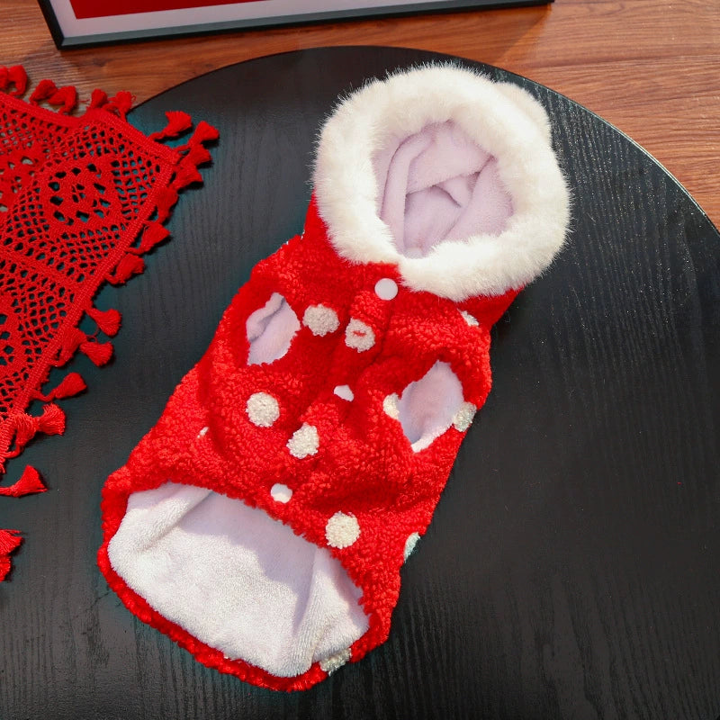 Dog and cat clothing with double-layered thickening, red dots and a hooded pet coat