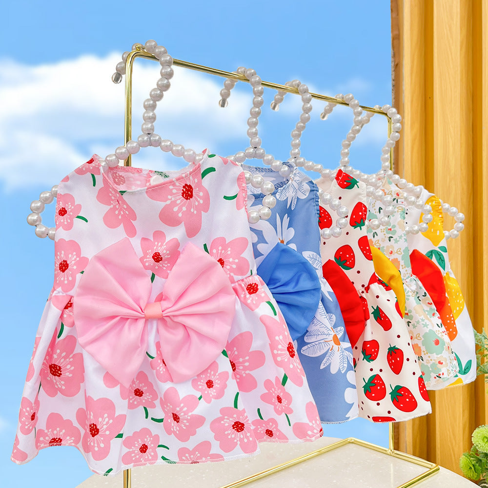 Dog skirt Bow Dress Wedding dress Spring summer fall new plaid pet cat clothing supplies stripes