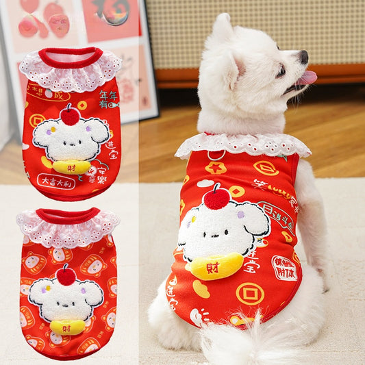 New Year dog and cat clothing with fluffy lace trimmings