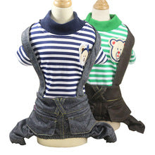 Pet clothes Spring and autumn light breathable cartoon four-legged stripes fake two denim overalls