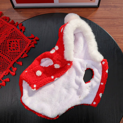 Dog and cat clothing with double-layered thickening, red dots and a hooded pet coat