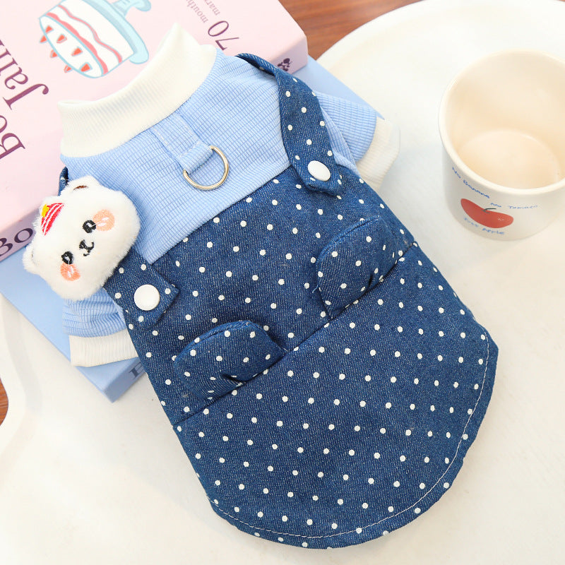 New pet dog clothes with polka dot cowboy strap cat dog clothes Spring and autumn four-legged vest