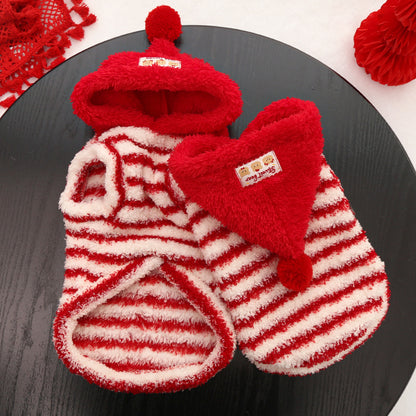Red striped hooded sweatshirt with fleece lining for pets, suitable for dogs and cats in autumn and winter.