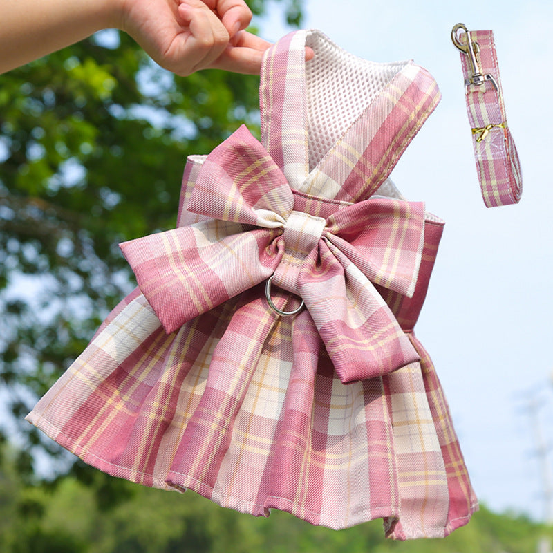Dog skirt Cat JK plaid chest harness leash Pet supplies Dog Walking preppy clothes