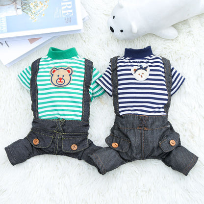 Pet lightweight breathable cartoon four-legged stripes fake two denim overalls clothing Spring and Autumn