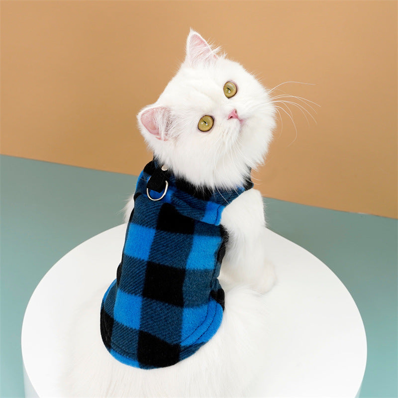 Autumn and winter warm pocket zipper blue and black checkered small medium and large dog pet dog cat Teddy Wei clothing supplies
