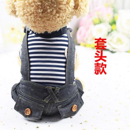 Pet lightweight breathable cartoon four-legged stripes fake two denim overalls clothing Spring and Autumn