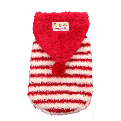Red striped hooded sweatshirt with fleece lining for pets, suitable for dogs and cats in autumn and winter.
