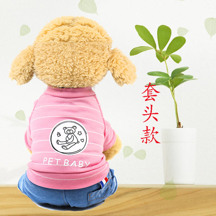 Pet lightweight breathable cartoon four-legged stripes fake two denim overalls clothing Spring and Autumn