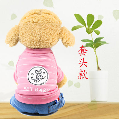 Pet lightweight breathable cartoon four-legged stripes fake two denim overalls clothing Spring and Autumn