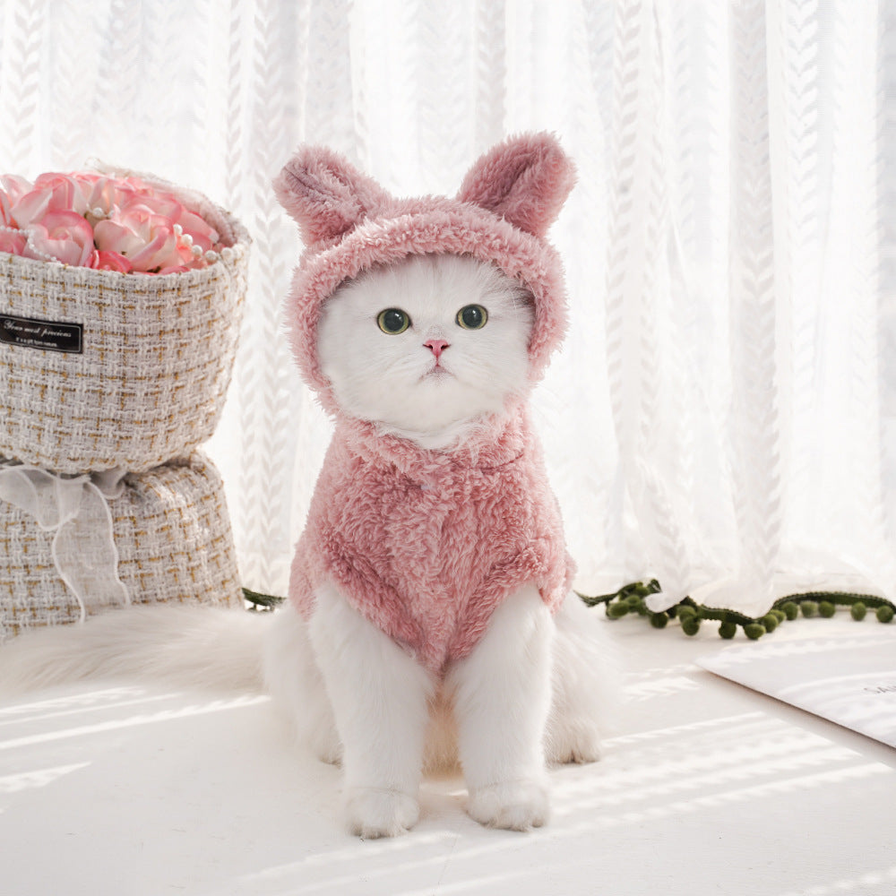Pet clothing autumn and winter new rabbit ear soft cotton wool hoodie dog clothing supplies
