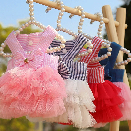 Small medium dog Spring Summer Dog cat pet dress striped halter mesh dress