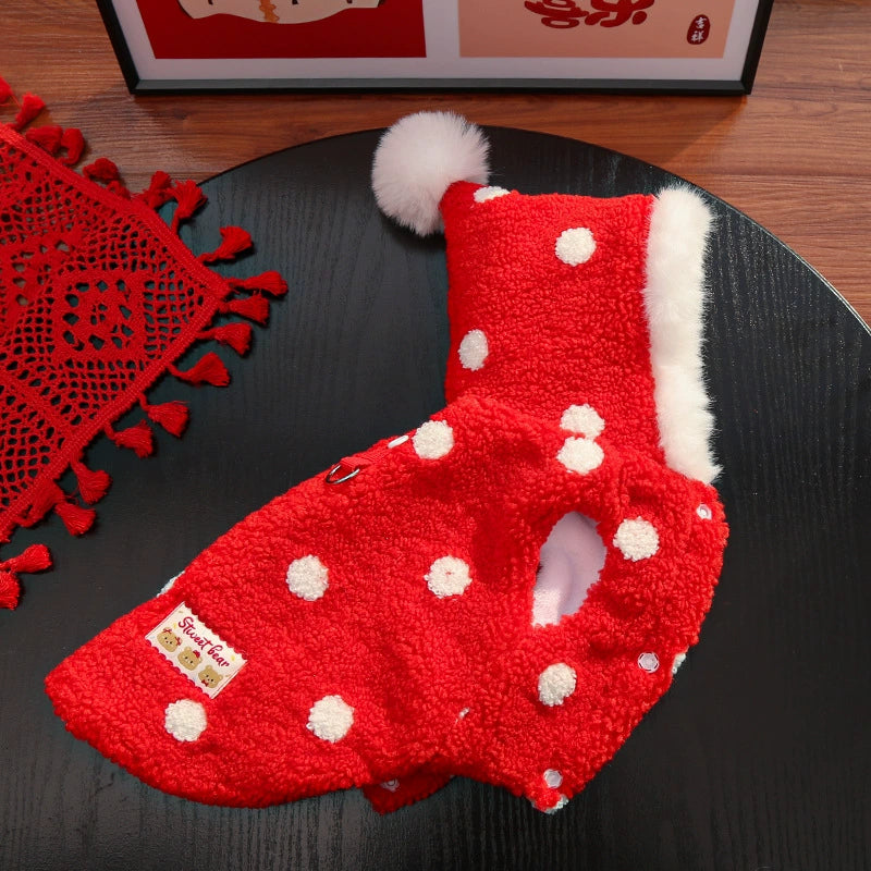 Dog and cat clothing with double-layered thickening, red dots and a hooded pet coat