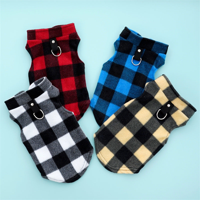 Autumn and winter warm pocket zipper blue and black checkered small medium and large dog pet dog cat Teddy Wei clothing supplies