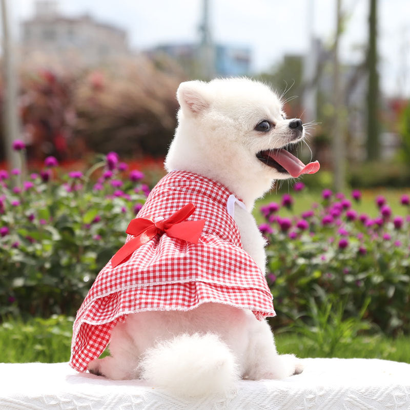 Dog skirt Bow Dress Wedding dress Spring summer fall new plaid pet cat clothing supplies stripes