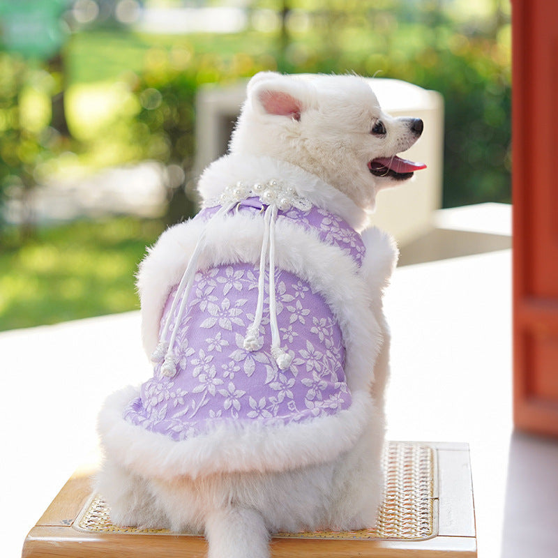 Winter and autumn warm fleece traditional Chinese style New Year's Tang suit princess qipao brooch pet dog and cat clothes