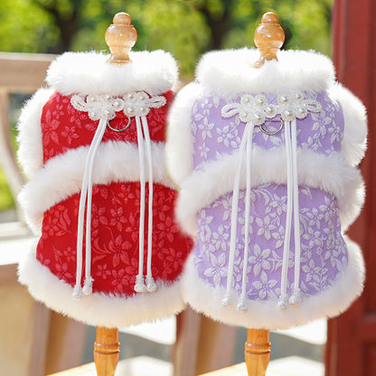 Winter and autumn warm fleece traditional Chinese style New Year's Tang suit princess qipao brooch pet dog and cat clothes