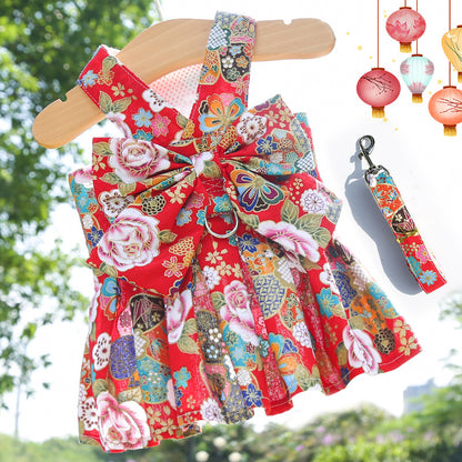 New Year national wind Spring Festival pet dog cat JK skirt harness leash dog leash