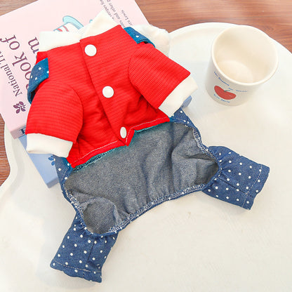 New pet dog clothes with polka dot cowboy strap cat dog clothes Spring and autumn four-legged vest