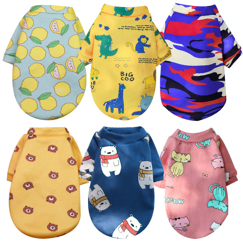 Printed cartoon pet clothes plus fleece two-legged hoodie Spring and winter pullover dog cat Teddy supplies clothes