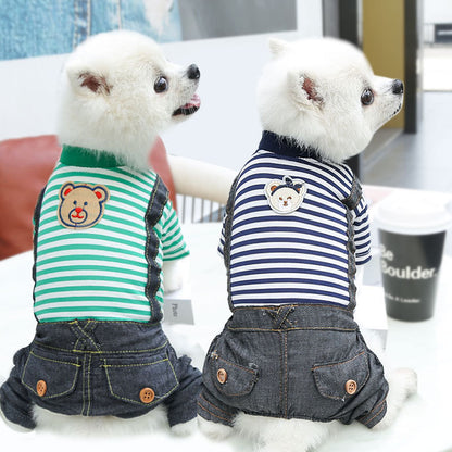 Pet lightweight breathable cartoon four-legged stripes fake two denim overalls clothing Spring and Autumn