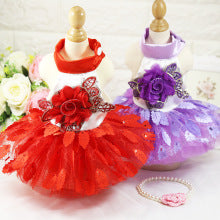 Spring summer dog cat wedding dress shiny tree leaves dress red purple dress pet clothing supplies