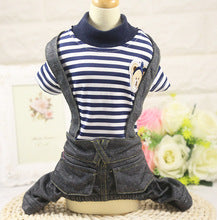 Pet clothes Spring and autumn light breathable cartoon four-legged stripes fake two denim overalls