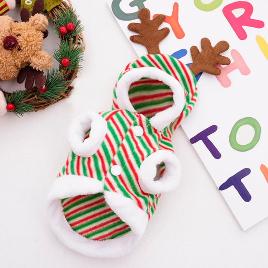 Christmas dog and cat warm velvet striped antlers decorated pet clothing supplies small medium-sized
