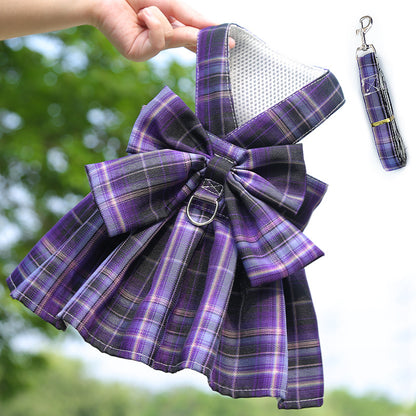 Dog skirt Cat JK plaid chest strap leash Teddy Pomeranian pet supplies Dog Walking preppy clothes