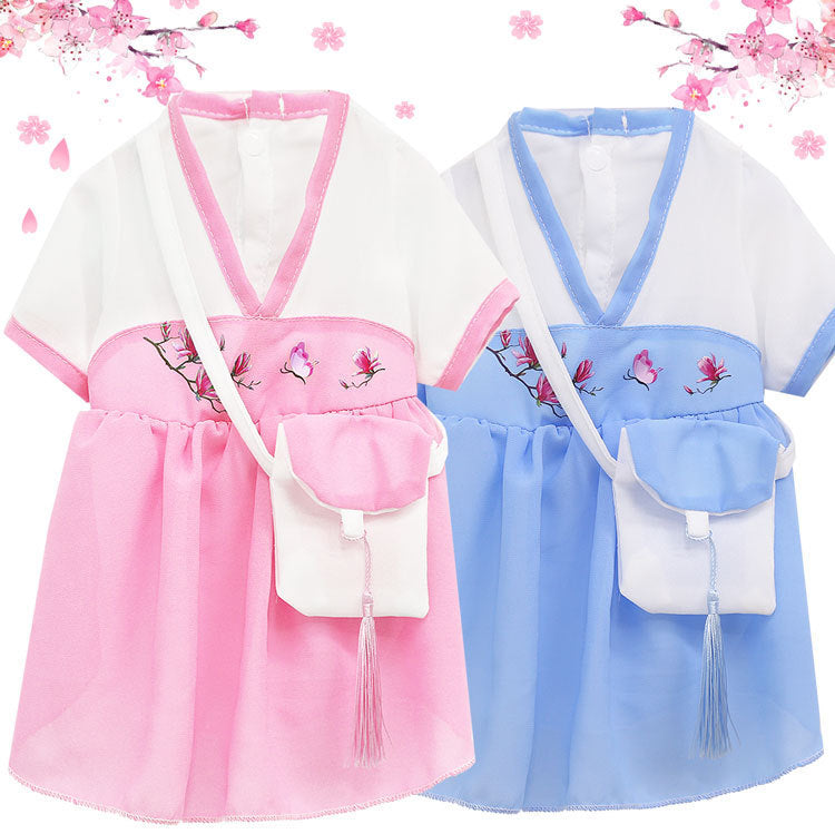 Pet Chinese style Hanfu skirt satchel Chiffon Cat dog two feet Clothes Pet supplies Spring and summer