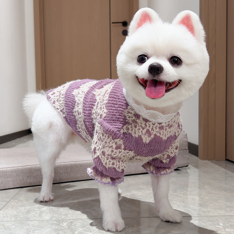Pet dog and cat clothes, autumn and winter styles, lace and fleece pet undershirts, lace court style.
