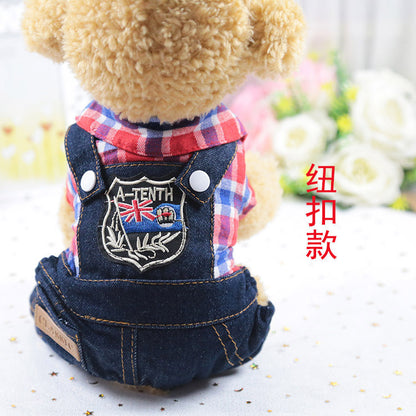 Pet lightweight breathable cartoon four-legged stripes fake two denim overalls clothing Spring and Autumn