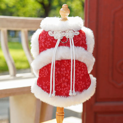 Winter and autumn warm fleece traditional Chinese style New Year's Tang suit princess qipao brooch pet dog and cat clothes