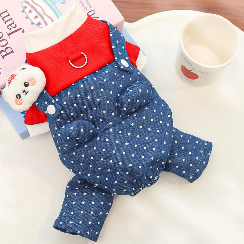 New pet dog clothes with polka dot cowboy strap cat dog clothes Spring and autumn four-legged vest