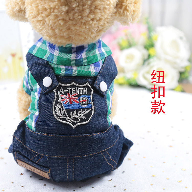 Pet lightweight breathable cartoon four-legged stripes fake two denim overalls clothing Spring and Autumn