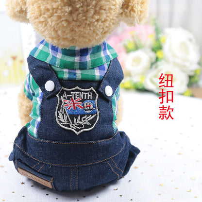 Pet lightweight breathable cartoon four-legged stripes fake two denim overalls clothing Spring and Autumn