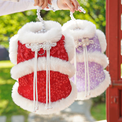 Winter and autumn warm fleece traditional Chinese style New Year's Tang suit princess qipao brooch pet dog and cat clothes