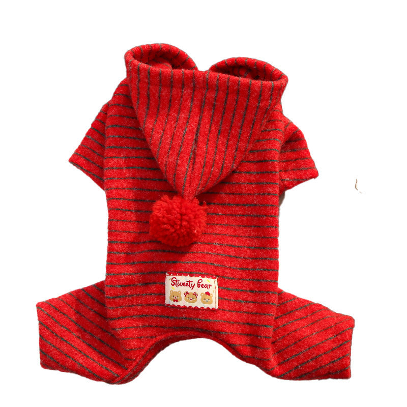 New Year dog coat with added insulation, four-legged garment with red stripes