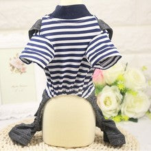 Pet clothes Spring and autumn light breathable cartoon four-legged stripes fake two denim overalls